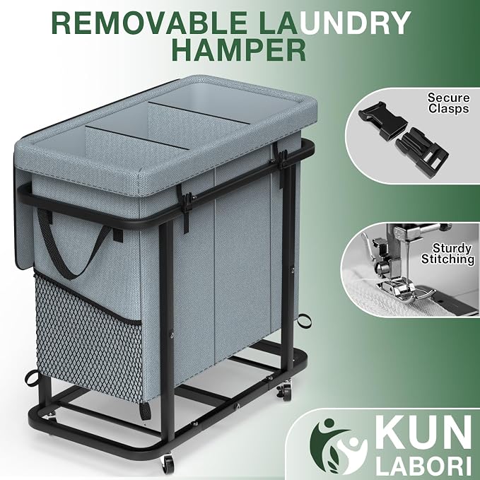 Laundry Basket with Lid,230L Rolling Laundry Hamper with Wheels,Grey | Dirty Clothes Hamper with Metal Frame and Removable Bag Design, Suitable for Laundry Room, Bedroom(3 Section) - Image 5