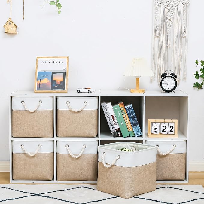 11 Inch 6 Pack Cube Storage Bins with Handles | Foldable Storage Basket,Fabric Storage Basket,Storage cube baskets suitable for the Home & Office(White&Beige) - Image 2