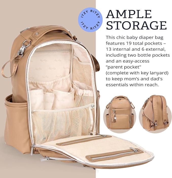 Itzy Ritzy Boss Plus Large Diaper Bag Backpack with 19 Pockets (Chai) | Includes 2 Insulated Bottle Pockets, Changing Pad, Stroller Clips, Comfortable Padded Straps, Easy-to Clean, Travel-Ready - Image 6