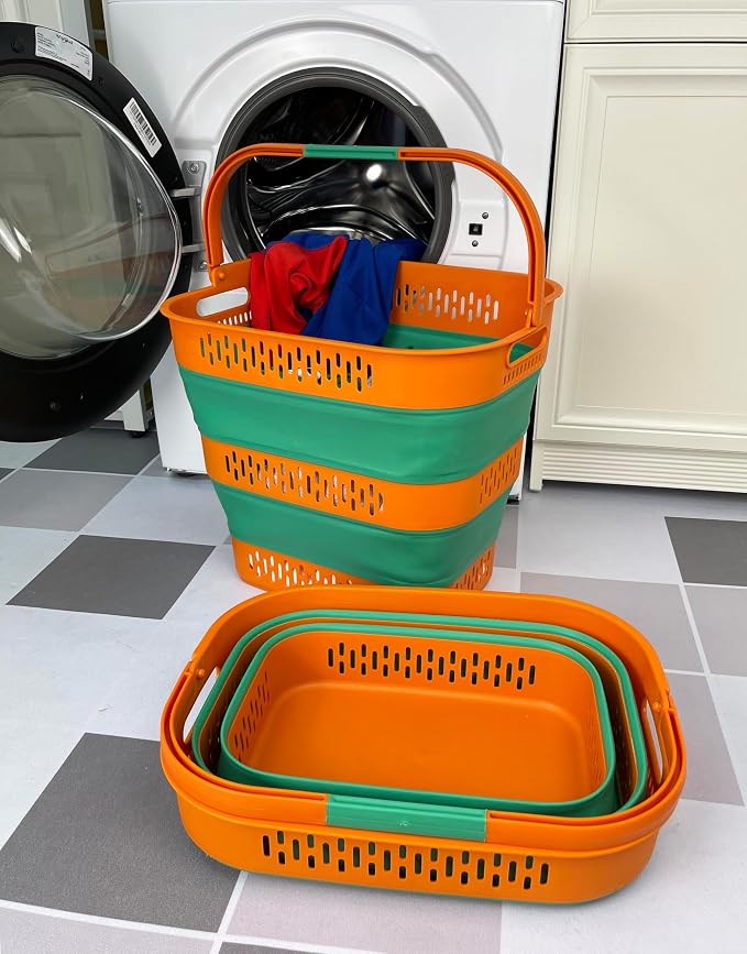 SAMMART 38L(10 Gal) Collapsible Laundry Basket - Foldable Pop-Up Storage Container/Organizer-Portable Space Saving Hamper, Measure 17.5x13.3x15.7"/3.8" Expanded/Collapsed (2, Autumn Leaf/Forest Green) - Image 3