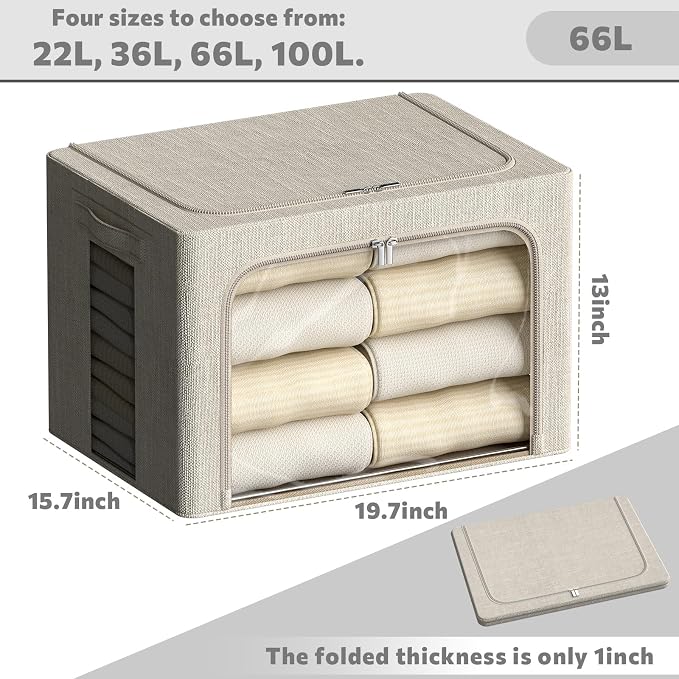 FHSQX 6 Pack Clothes Storage Bins with Metal Frame Foldable Storage Bins for Clothes Linen Fabric Storage Box with Clear Window (Beige, 19.7x15.7x13inch(66L)) - Image 4