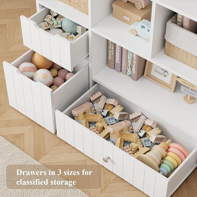 HORSTORS 48" W Kids Toy Storage Organizer, Kids Bookshelf w/Storage, White | 2 Mobile Toy Boxes & 3 Drawers, Toy Storage Chest with Open Cubbies for Boys and Girls, Kids Bookcase for Playroom, Classroom - Image 4