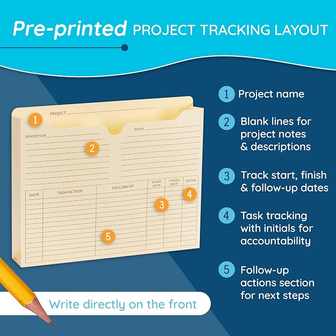Blue Summit Supplies 50 Project File Folders, Letter Size, Pocket, Manila | Preprinted project management folder, reinforced straight cut tab, 2 in expansion pocket, for project filing - Image 2