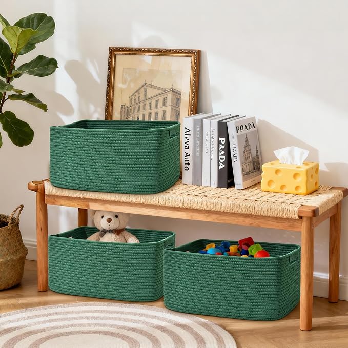 3 Pack Large Storage Basket for Organizing, 17.5"x13"x7" Woven Basket for Shelves, Closet Cube Storage Bins with Wrapped Handle, Cotton Rope Baskets for Kitchen, Clothes, Toys(Green) - Image 7