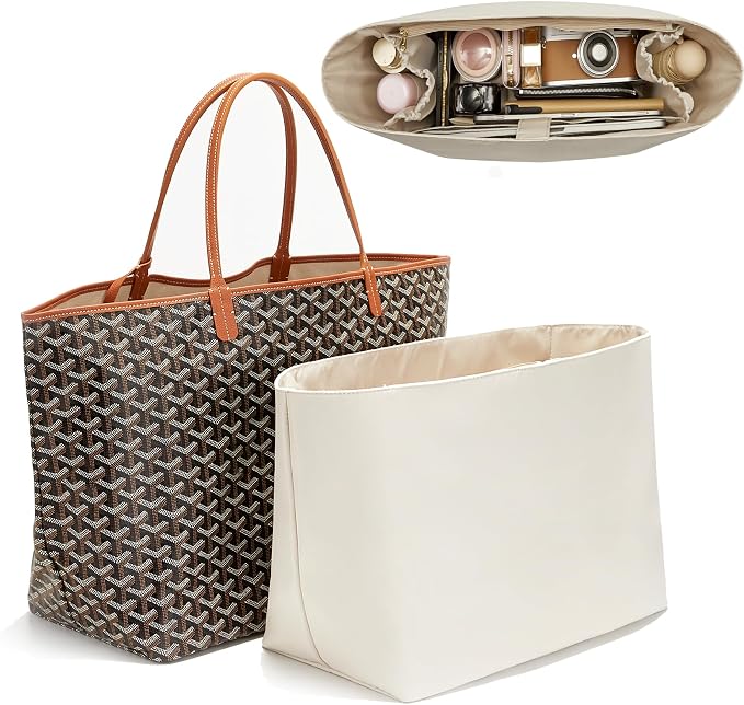 Nylon Tote Bag Organizer Insert for Goyard Saint Louis GM Bag, White | 13'' Laptop Sleeve Purse Organizer Insert for Goyard ST, Waterproof, Elastic Cup Holder, YKK Zipper, 5 Pockets Storage Travel by OAIKOR