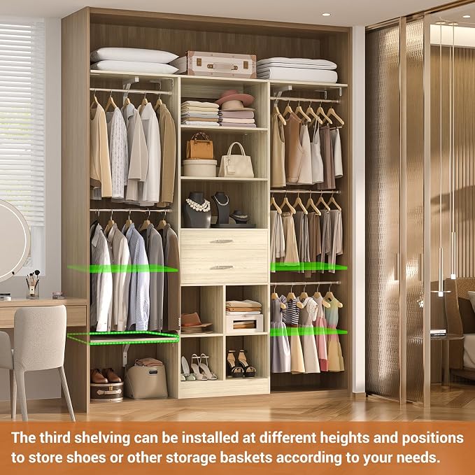 Small Closet System - 5FT Closet Organizer System with Wooden Drawers, 60 Inches Walk In Closet System With 5 Hanging Rods, Can Fit 1.58 to 6.8 FT with Reversible Hanging Shelving, Greige Oak - Image 4