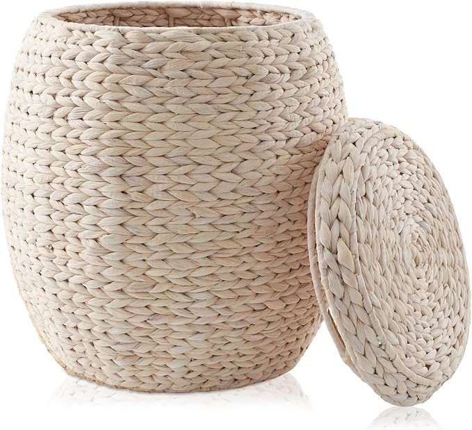Casafield Round Storage Basket with Lid - Whitewash, Handwoven Water Hyacinth Organizer for Laundry, Blankets, Plants, Bedroom, Living Room, Office by Casafield