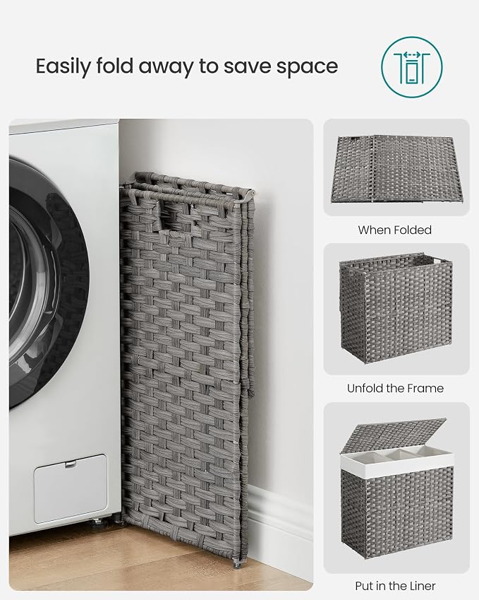 SONGMICS Laundry Hamper with Lid, 42.3 Gallons (160 L), Rolling Laundry Basket with Wheels, 3-Section Synthetic Rattan, Removable Liner, Bedroom, 29.9 x 13 x 26 Inches, Gray ULCB365G01 - Image 9