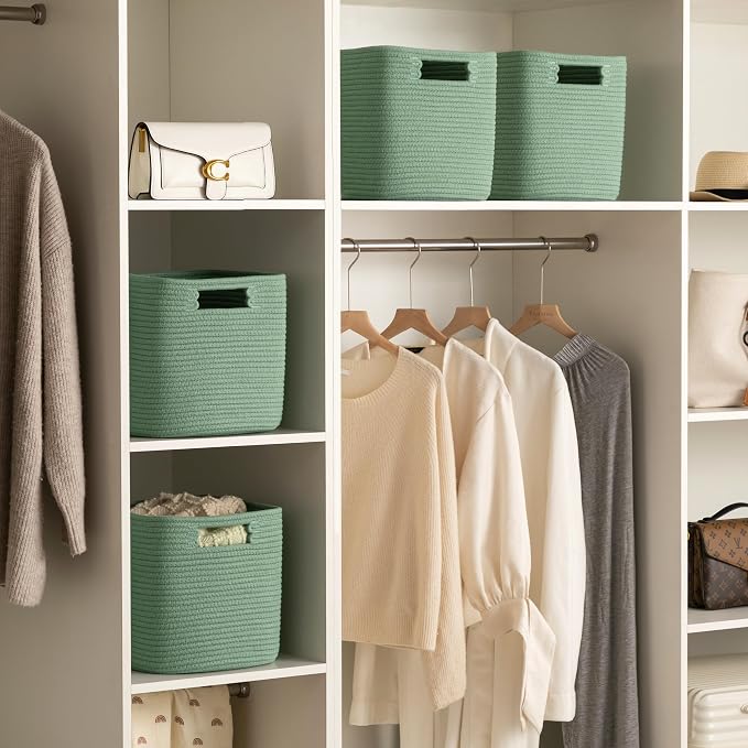 Dreamcountry 13x13 Cube Storage Bins, Storage Cubes with Handles, 4 Pack Cotton Rope Basket for Shelves, Cube Storage Organizer forToys, Book, Clothes, Home, Office, Nursery, Green - Image 6