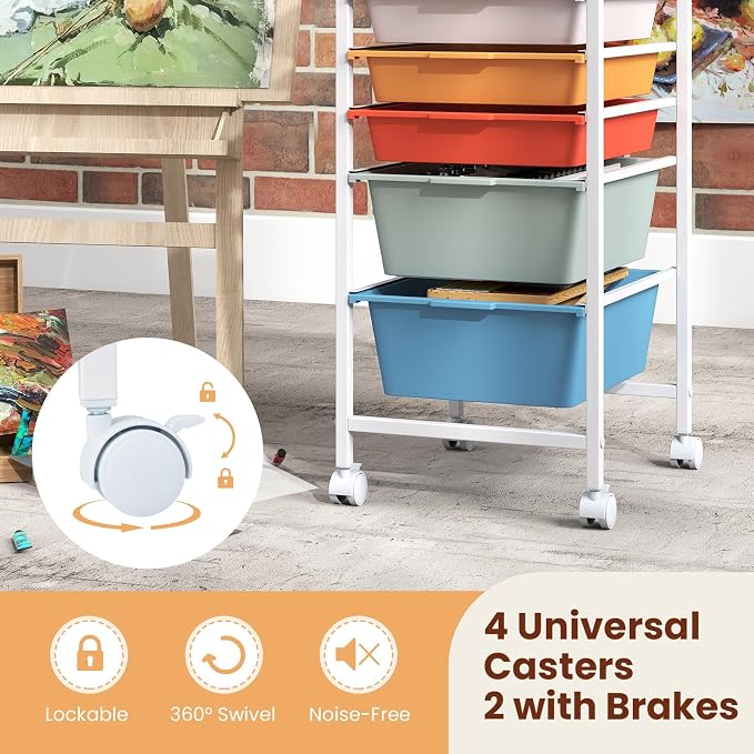 Giantex Rolling Storage Cart with 5 Drawers, Utility Cart w/Wooden Tabletop, Lockable Wheels, Multipurpose Organizer for Art Craft Books Paper, Drawer Carts for Dorm Classroom Office, Macaron - Image 7