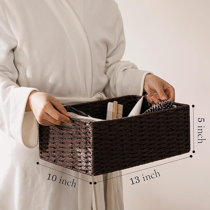 joybest Dark Brown Wicker Baskets for Shelves, Hand-woven Storage Baskets | 13L x 10W x 5H inch for Pantry, Kichen Organizing, Foldable Rectangular Bin with Handles, 2-pack - Image 2