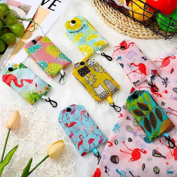 Shappy 34 Pcs Reusable Floral Grocery Bags Foldable Nylon Tote Bags Washable Shopping Bags Extra Large Cute Flower Reusable Bags with Attached Pouch for Women Grocery Shopping Supplies - Image 3