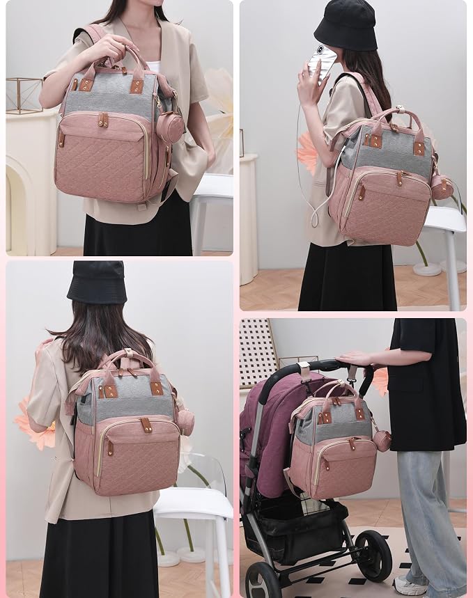 Diaper Bag with Changing Station, Waterproof 3 in 1 Diaper Backpack with Foldable Changing Pad, Large Travel Backpack for Mom & Dad, Baby Gift for Baby Girl & Boy, Pink-Grey - Image 7