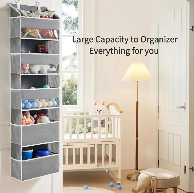 5 Tiers Over The Door Organizer Hanging for Closet (Grey, 2pcs) | EXTRA THICK & 50lbs HUGE CAPACITY, 10 Side Mesh Pockets Over The Door Shoe Organizer,Diaper Organizer, Bedroom, Bathroom - Image 2