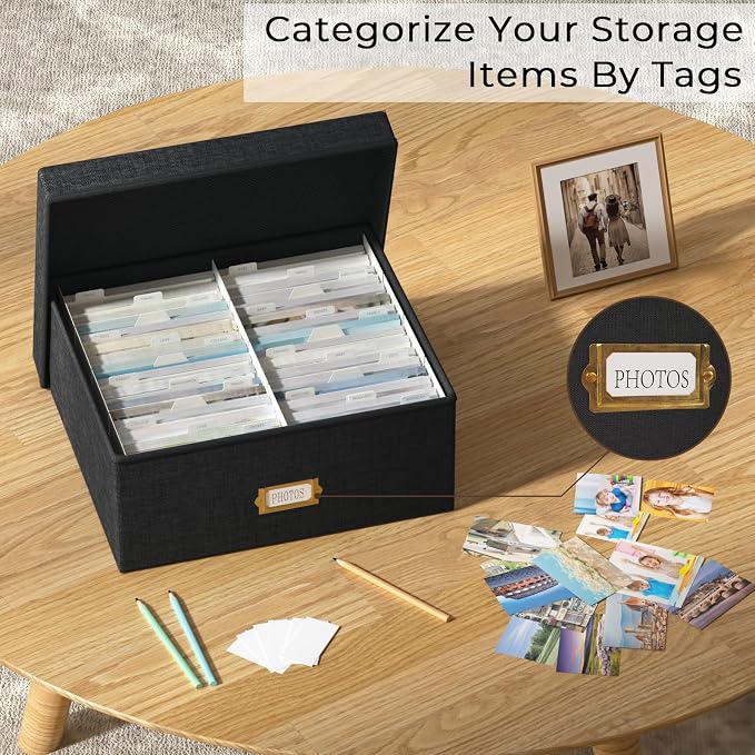 Decorative Photo Storage Box, Linen Photo Box Holds 1700 4x6 Pictures Black | Photo Storage Containers with 8 Dividers, Memory Keepsake Organizer for Photos, Scrapbook Supplies, Cards, Stamps,Archive Box - Image 7