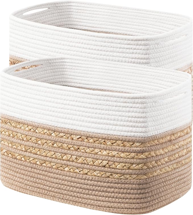 UBBCARE 2 Pack Baskets for Organizing, Woven Storage Baskets for Toys and Towel, Rectangle Cotton Rope Basket with Handles, 14''L x 8''W x9''H, Brown by UBBCARE
