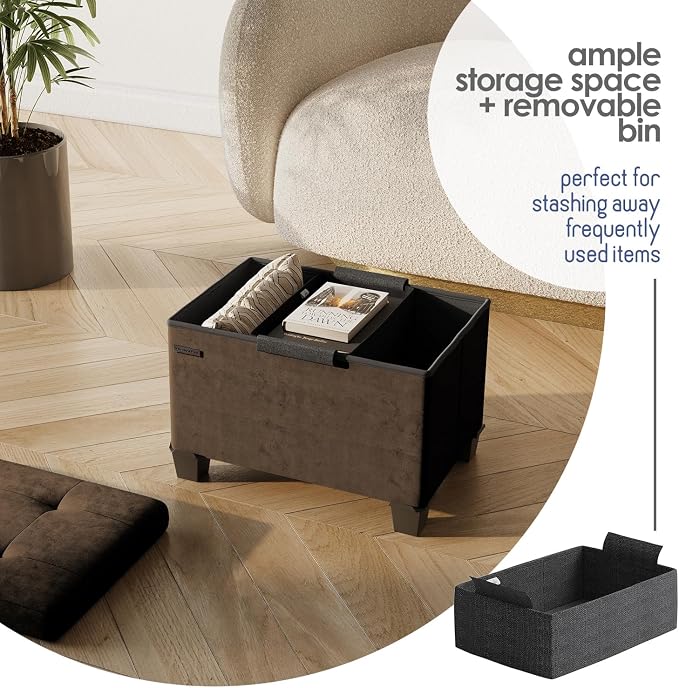 Storage Ottoman Cube with Small Bin, 16-in Square Ottoman with Storage for Living Room and Bedroom, Small Ottomans Foot Rest, Velvet Foot Stools Ottomans Max 330lbs, Brown - Image 3