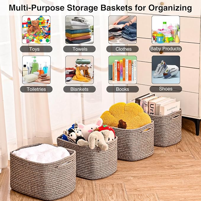 Small Storage Baskets for Organizing Shelves, Cotton Rope Basket for Storage, Cute Rectangular Book Toy Basket, 12.7"×9.1"×7.9", 4 Packs, Dark Brown - Image 5