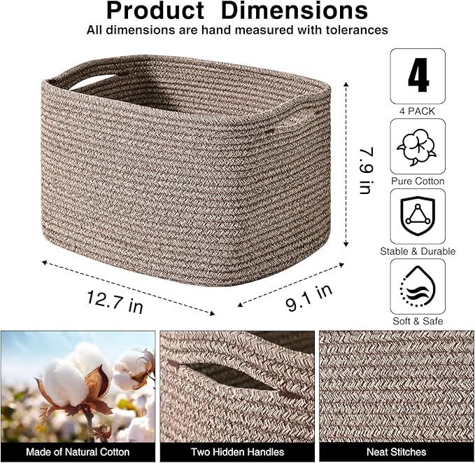 Small Storage Baskets for Organizing Shelves, Cotton Rope Basket for Storage, Cute Rectangular Book Toy Basket, 12.7"×9.1"×7.9", 4 Packs, Dark Brown - Image 2