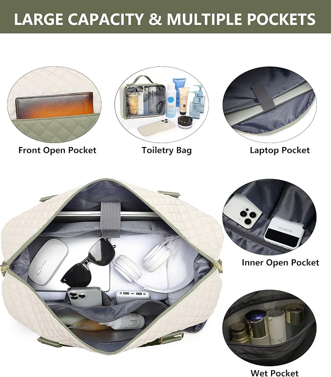 Weekender Bags for Women Duffle Bag - Travel Duffel Bag with Shoe Compartmen Carry on Overnight Bag with Toiletry Bag Gym Tote Bag with Wet Pocket Hospital Bags for Labor and Delivery Beige Green - Image 2