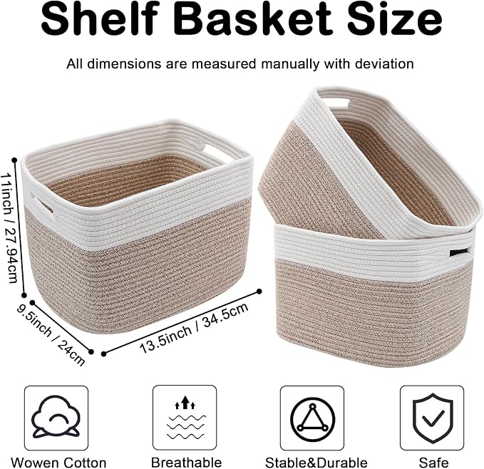 3 Pack Woven Baskets,Storage Baskets for Shelves with Handles | 13.5"×11"×9.5" Closet Baskets, Nursery Organizer for Toys Towels Books, Storage Bin for Living Room Bedroom (White&Brown) - Image 2