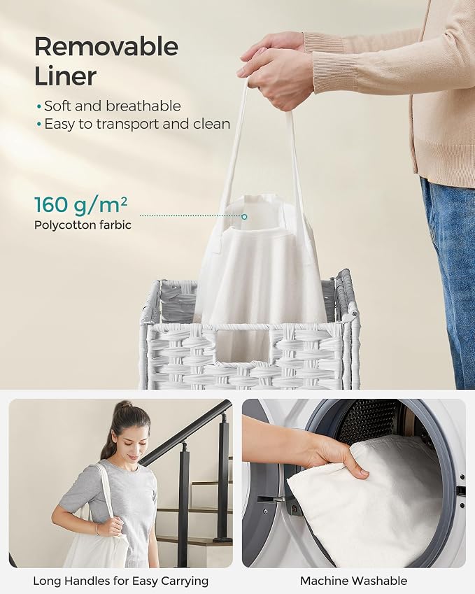 SONGMICS Laundry Hamper with Lid, 23.8 Gal (90 L) Synthetic Rattan,Foldable | Clothes Laundry Basket with Handles, Removable Liner, Cloud White, ELIOTT Collection ULCB165W01 - Image 6