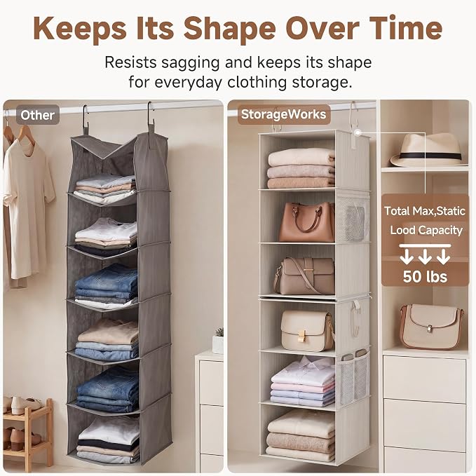 StorageWorks 6-Shelf Closet Organizers, Two 3-Shelf Separable Hanging Shelves for Closet, 12 1⁄2" D x 12 1⁄2" W x 47 ¼" H, Mixing of Beige, White & Ivory - Image 6