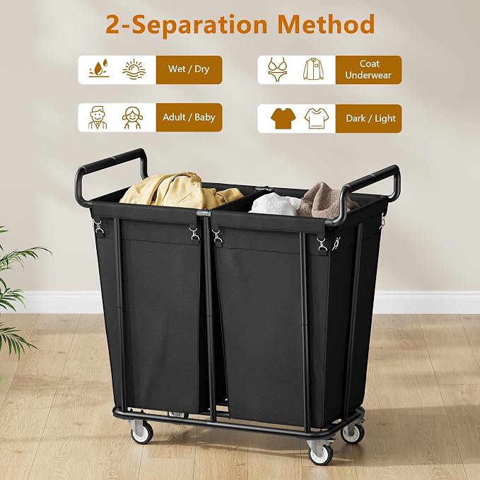 Gewudraw Heavy Duty Laundry Hamper with Wheels 2 Section, 360L, Black | Big Rolling Laundry Basket Sorter Cart, Extra Large Clothes Hamper, Laundry Basket Organizer for Laundry Room, Bathroom - Image 5