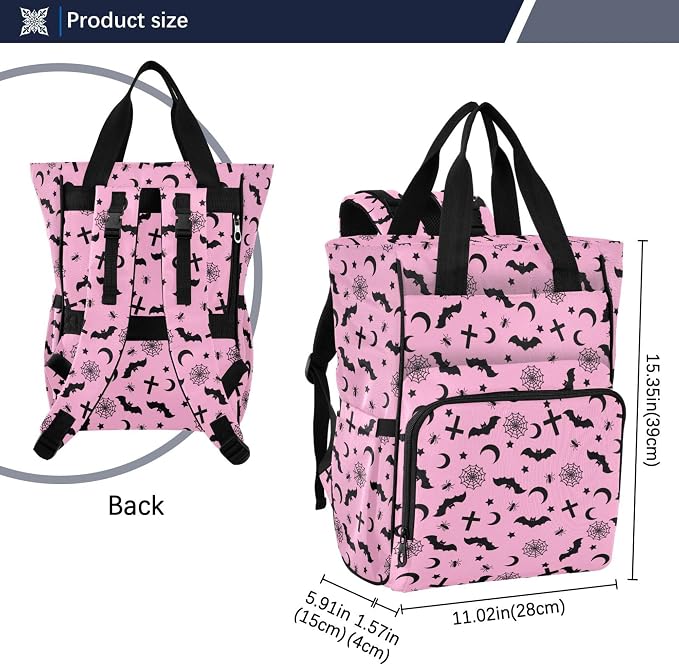 Mnsruu Diaper Bag Pink Goth with Bats Large Changing Backpack Multifunction Travel Tote Mommy Bag Baby Diaper Backpack for Mom Dad - Image 7