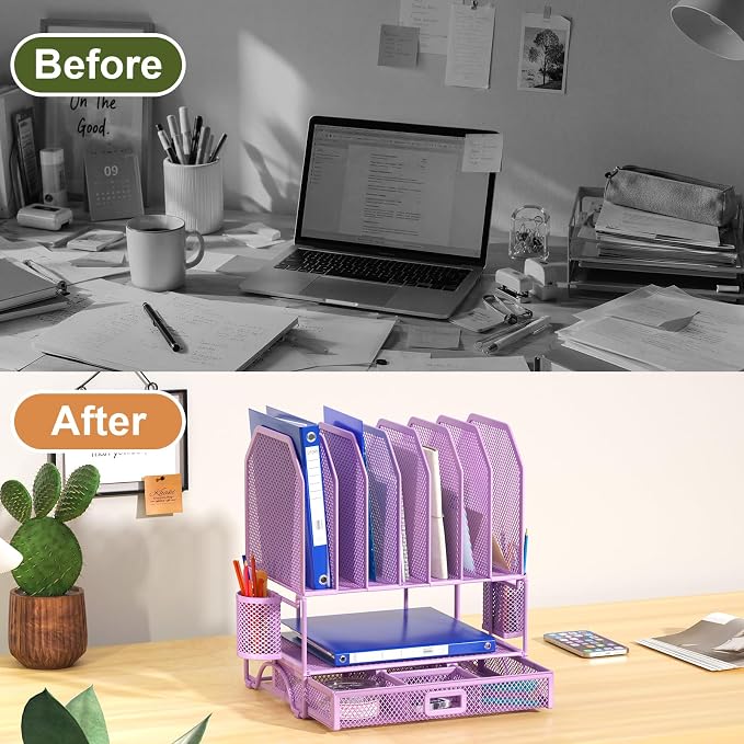 FANXIYQ Metal Desk Organizer with Sliding Drawer, 7-Section File Organizer for Desk, Desktop File Folder & Paper Organizer with 2 Hanging Pen Holders, Office Supplies Organizer, Purple - Image 3