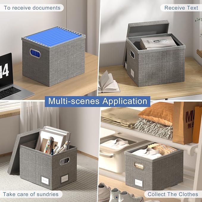 File Organizer Box - File Boxes for Hanging Files with Lid Set of 4 Decorative Hanging Folders Organizer with One-Piece Plastic Frame Slides (Grey, 13.2 * 10.1 * 10.1in(4Pack)) - Image 5