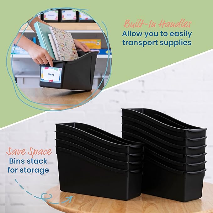 ECR4Kids Linking Plastic Storage Book Bin, Multipurpose Organization, Black, 10-Piece | Durable plastic with built-in handles, interlocking, nestable, ideal for books, magazines, and files in a classroom or office - Image 4
