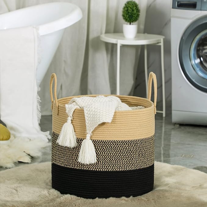 KAKAMAY Large Blanket Basket (18"x18"x16"),Woven Baby Laundry Hamper for Storage, Cotton Rope Blankets Baskets for Nursery, Laundry, Living Room, Pillows, Baby Toy Chest with Handles (Black) - Image 5