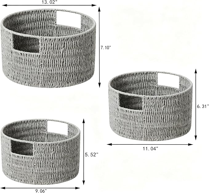Wicker Storage Basket, Hand-Woven Paper Rope Large Round Woven Basket With Handles, Wicker Baskets for Organizing/Storage, Grey, 3-Pack - Image 2