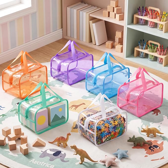 Shinylin 6 Pack Pastel Large Toy Storage Bags with Zipper 9.8 x 5.9 x 7.1 Inch Reusable Waterproof PVC Board Game Storage Bags with Labels for Puzzles Building Blocks Book Stationery - Image 3