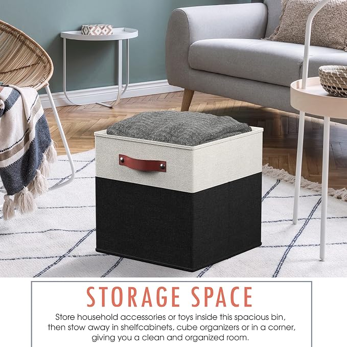 Ornavo Home 11x11 Foldable Fabric Storage Cube Bins, 6 Pack, White/Black | Collapsible Linen Shelf Basket Organizer; Leather Handles; Ideal Cube Storage For Closet - Image 4