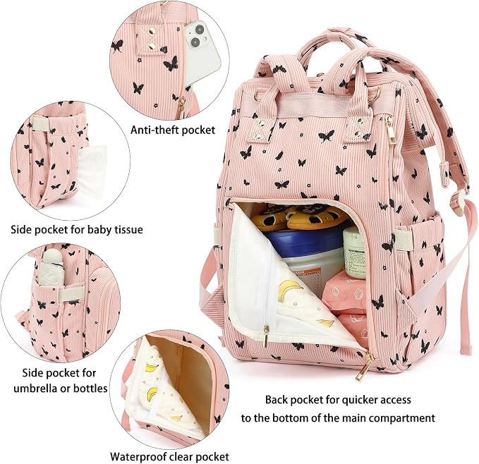 Corduroy Diaper Bag Backpack for Baby Girls Boys, Women Large Nappy Bags for Mom (Pink Corduroy Butterfly) - Image 4