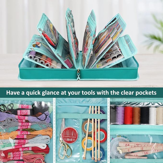 FINPAC Sewing and Craft Supplies Storage Tote Bag with Clear Pockets | Large Art Organizer Caddy Travel Packing Shoulder Bag for Knitting, Sewing Accessories, Emerald Illusions - Image 2