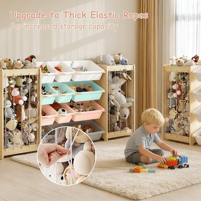EXPERLAM Large Toy Storage Organizer, Wooden Stuffed Animal Storage & 12-Bins Toy Organizer, Double-Sided Plush Toy Holder Featuring Thicker Ropes, Space Save Playroom Bedroom Nursery Storage, Multi - Image 5