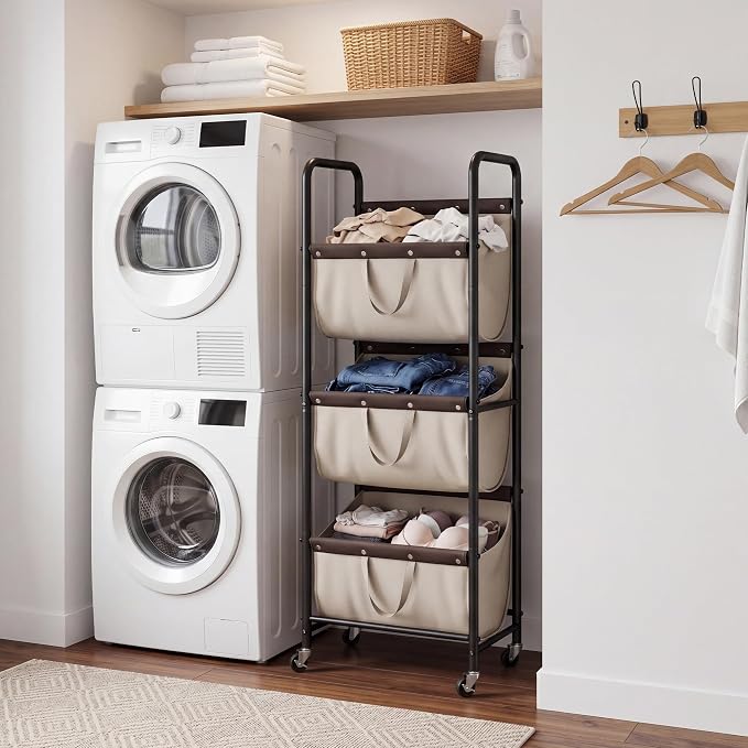 GRANNY SAYS 3 Tiered Laundry Sorter, Narrow Hamper Cart with Wheels | Sturdy 3 Section Laundry Basket with Wheels, Vertical Light Kahki Hamper Cart for Bedroom, Bathroom, Apartment - Image 6