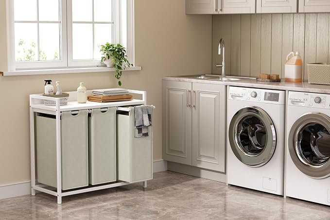 Herture Laundry Hampers with Shelf, Laundry Basket 3 Section, 3 x 15.87 Gal | Laundry Sorter with Pull-Out Removable Large 3 White Bags and Movable Wheels, Metal Frame, White PF04XLW - Image 2