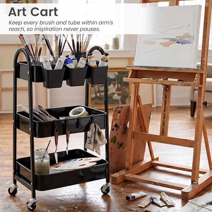 danpinera 3-Tier Rolling Cart, Utility Cart Mobile Metal Rolling Storage Cart with Lockable Wheels & Hanging Cups & Hooks for Kitchen, Bathroom, Office, Workshop, Black - Image 5