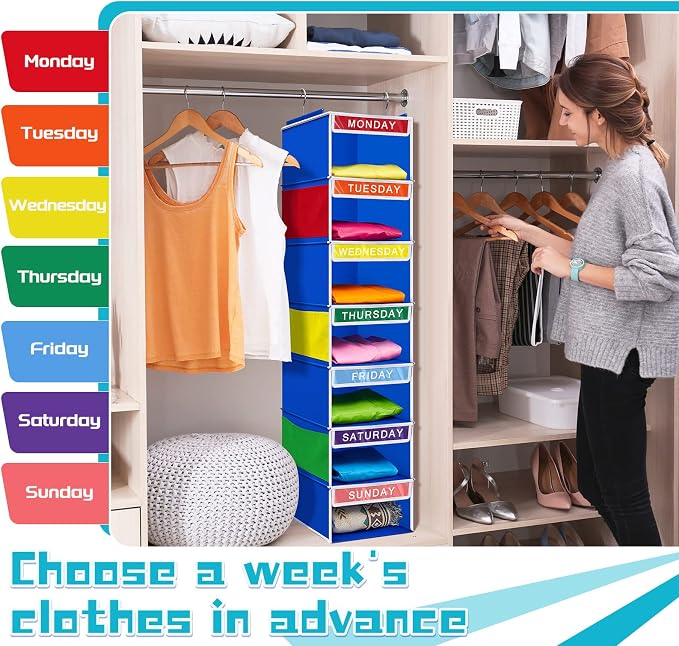 2 Pcs 7 Shelf Weekly Clothes Organizer for Kids Hanging Closet Organizer 11. 8 x 11. 8 x 50 Inches Daily Activity Kids Clothes Storage Drawers Cube Drawers Closet Hanging Shelves(Blue) - Image 7