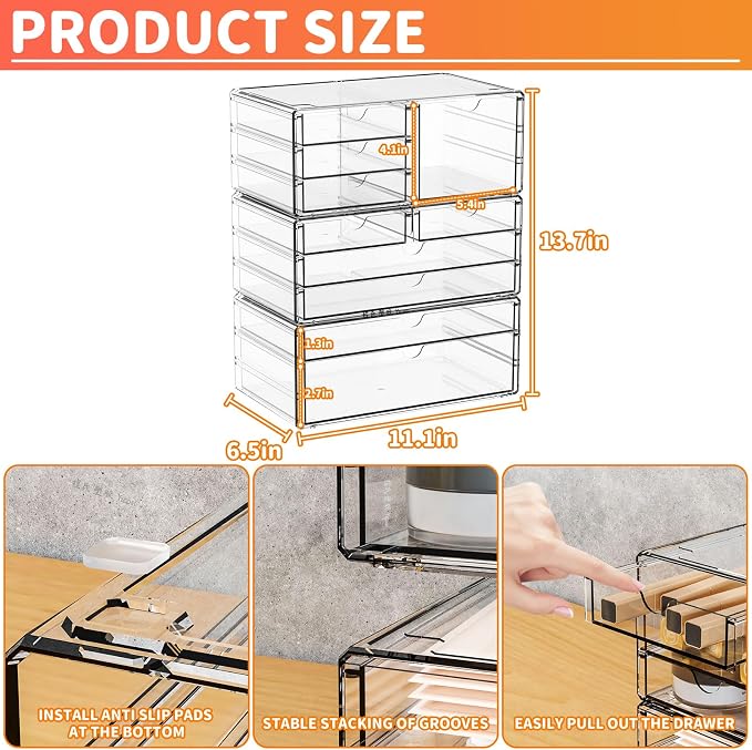 3Pack Clear Drawer Organizers Stackable,Acrylic Storage Drawers With 10 Drawers,Multipurpose Office Supply Organizer and Makeup Organizer for Beauty,Craft,Pen,Medical,Stationary Desk Organizers - Image 3