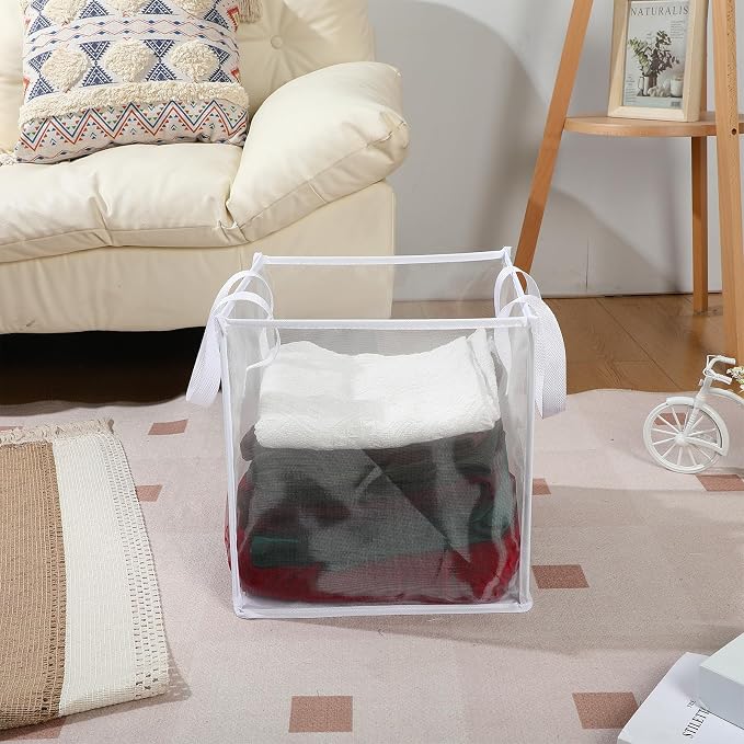 Zopeal 6 Pack Collapsible Mesh Laundry Basket, White, Single-layer | 13 Inch Square with Handles, Portable Foldable Hamper, Mesh See-through, Space Saving for Dorm Bedroom Laundry Room - Image 6