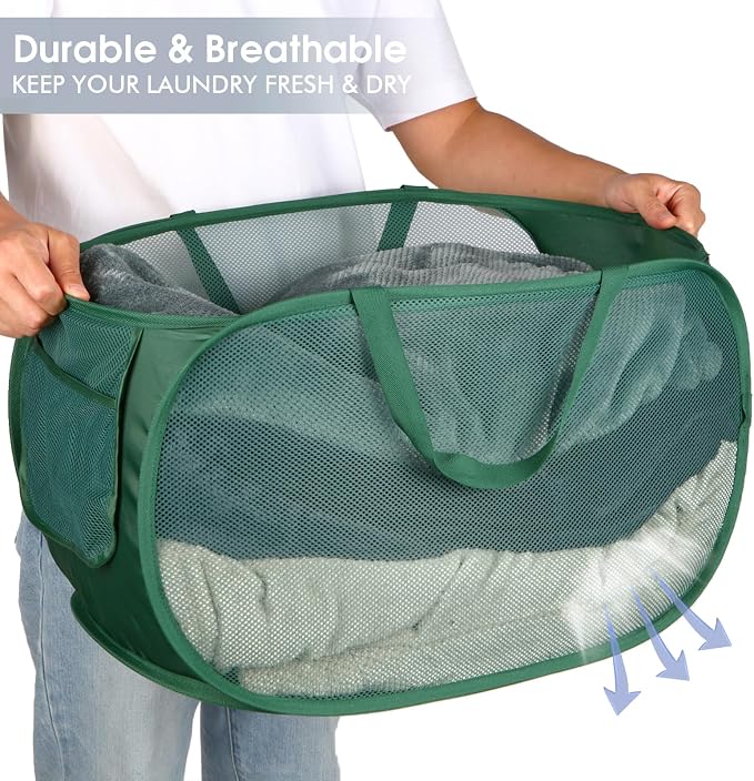 Sturdy Collapsible Laundry Baskets- Pop Up Laundry Hampers with Handy Pocket, Foldable Clothes Hamper with Reinforced Carry Handles for Laundry, Bathroom, Kids Room, Dorm or Travel Green - Image 4