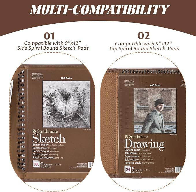 Plinyvel Brown Leather Sketchbook Cover 9x12, Travel Drawing Portfolio | Portable sketch kit organizer, pencil holder, Fits 9x12 Sketch Book, Spiral Pad, Compact artist storage case - Image 4
