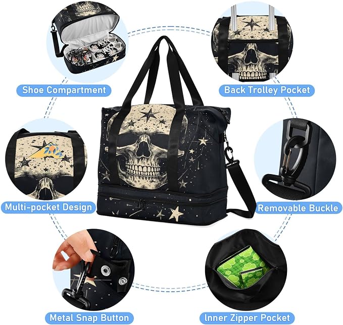 Travel Duffel Tote Bag Gothic Skull Sports Duffel Bag with Wet Pocket Weekender Overnight Bag for Women Men Gym Bag, Carry On Bag Hospital Bag for Labor and Delivery - Image 2