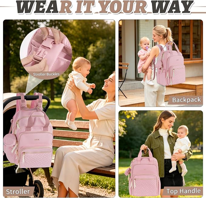 Diaper Bag Backpack, 27L Travel Quilted Baby Bags Unisex | with Changing Pad, Pacifier Bag, Stroller Straps Parents Essentials for Outdoor Trip Hospital & Daily Work, Pink - Image 5