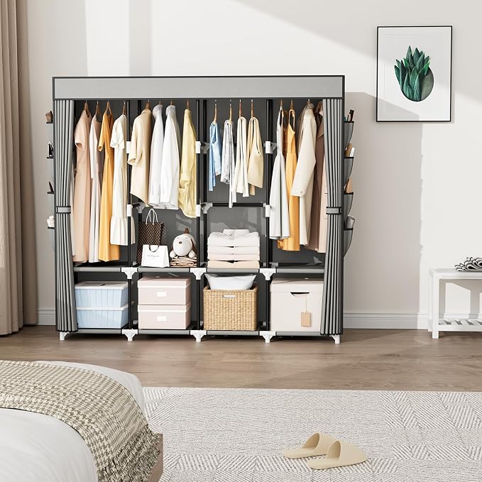 Portable Closet for Hanging Clothes, 67 Inch Wide Portable Wardrobe Closet with Cover, 4 Hanging Rod, Storage Shelves and Side Pockets, Large Free Standing Closet for Bedroom, Grey - Image 2